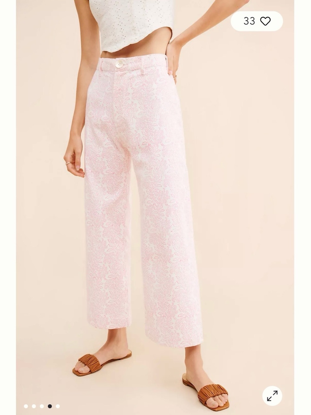Cropped High-Rise Pink Paisley Wide-Leg Pants